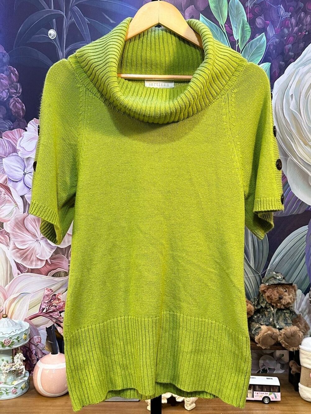 By Artisan M Short Sleeve Sweater Minimalist Preppy Cowl Neck Button Sleeve